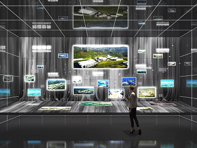 Modern Exhibition Space With Multiple Digital Displays Showing Landscape Images And Visitor Viewing 3d model