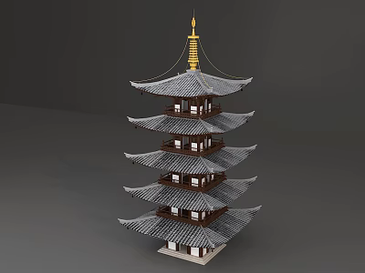 Traditional Multi tiered Pagoda With Golden Spire Tile Roof And Wooden Structure 3d model