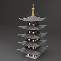 Traditional Multi tiered Pagoda With Golden Spire Tile Roof And Wooden Structure