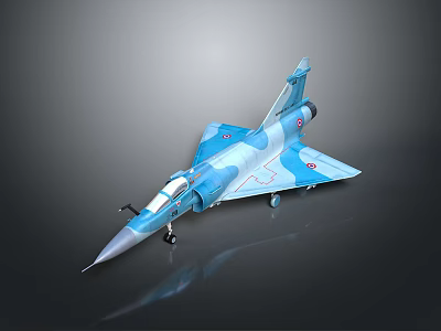 Detailed Blue and White Camouflage Fighter Jet Model with Reflective Surface on Dark Background 3d model