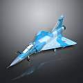 Detailed Blue and White Camouflage Fighter Jet Model with Reflective Surface on Dark Background
