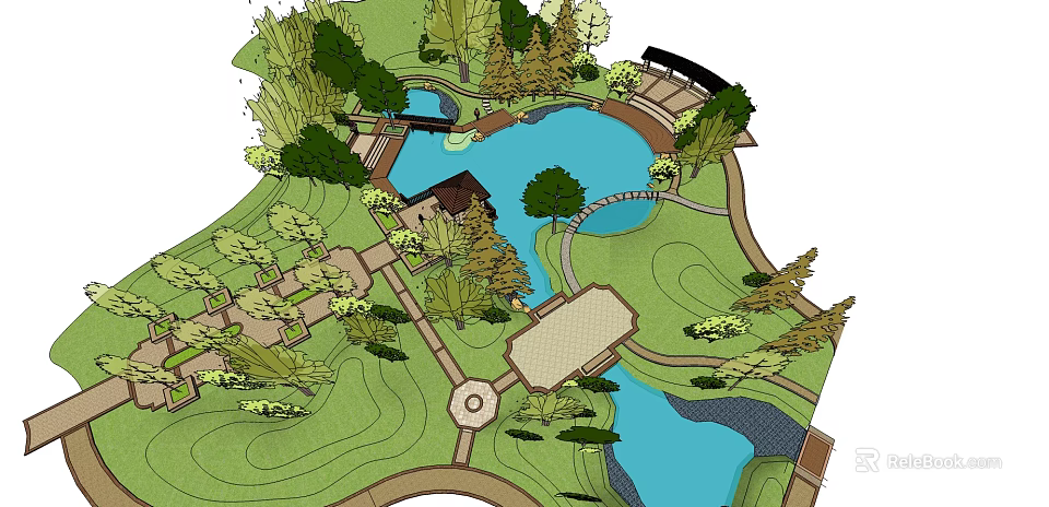 Scenic Park Landscape With Lake Bridge Trees And Walking Paths 3d model 