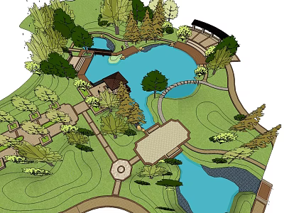 Scenic Park Landscape With Lake Bridge Trees And Walking Paths 3d model