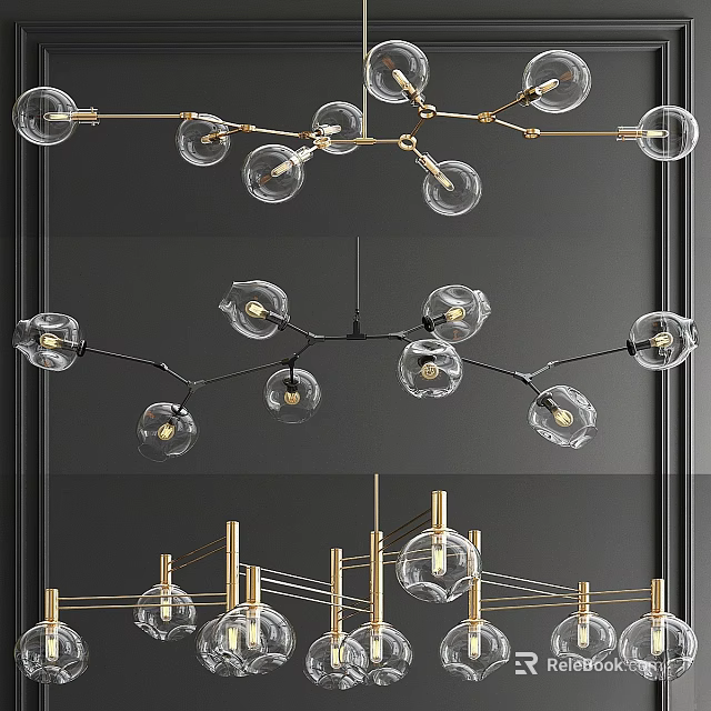 Modern Glass Globe Chandelier With Brass Branches And Transparent Shades 3d model 