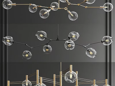 Modern Glass Globe Chandelier With Brass Branches And Transparent Shades 3d model