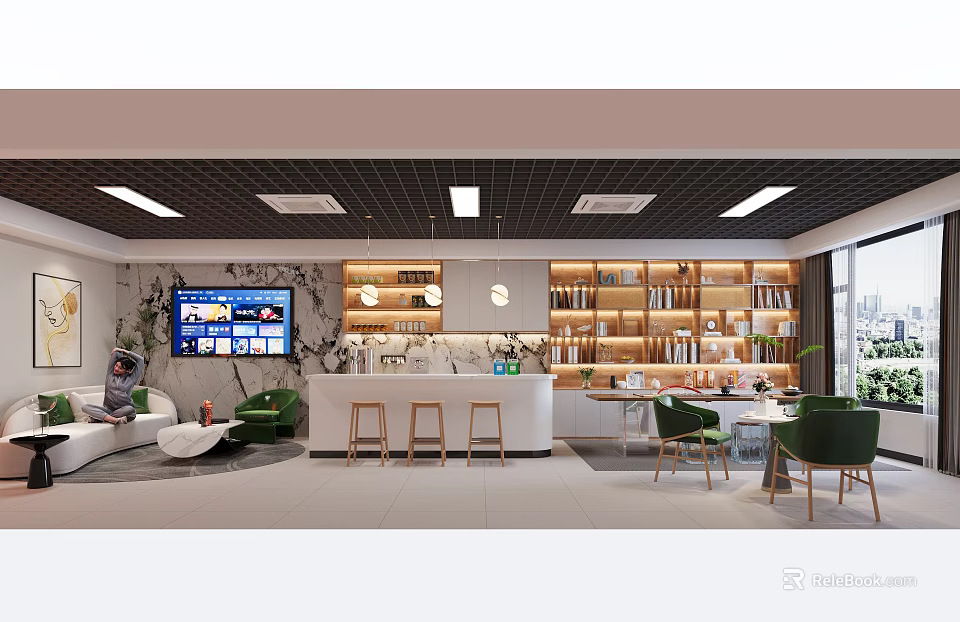 Large Bright Modern Office Reception Lounge With Comfortable Seats And Warm Illuminated Display Shelves 3d model 
