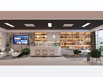 Large Bright Modern Office Reception Lounge With Comfortable Seats And Warm Illuminated Display Shelves 3d model