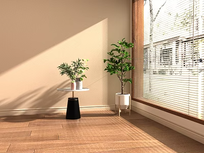 Bright Room With Beige Walls Wooden Flooring And Potted Plants By Window With Blinds 3d model