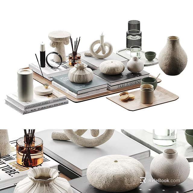 Elegant Decorative Ornament Collection With Ceramic Vases Candles Books And Wooden Trays For Home Styling 3d model 