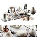 Elegant Decorative Ornament Collection With Ceramic Vases Candles Books And Wooden Trays For Home Styling