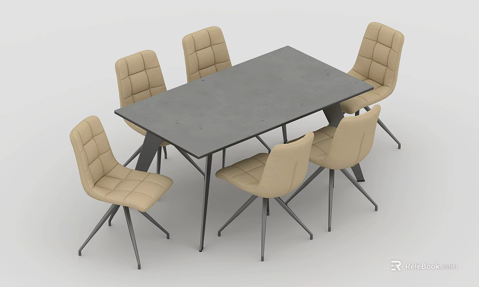 Modern Dining Table And Chair Set With Rectangular Gray Tabletop And Beige Padded Chairs 3d model