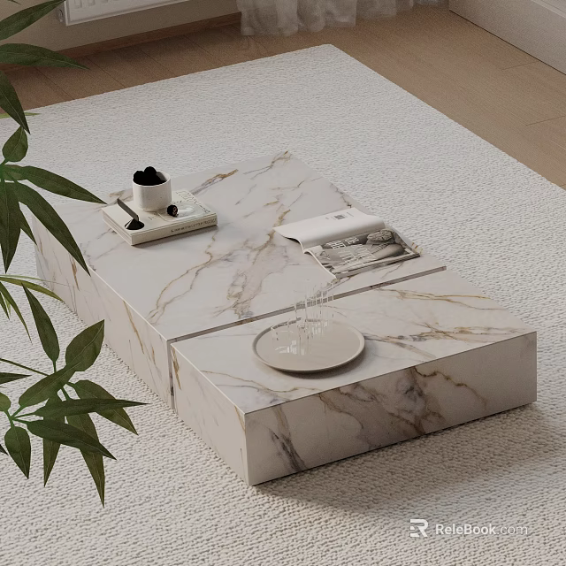 Modern Sofa and Coffee Table Set with Marble Top and Green Plant on Light Rug 3d model 