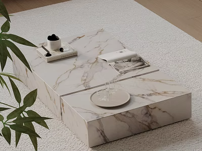 Modern Sofa and Coffee Table Set with Marble Top and Green Plant on Light Rug 3d model