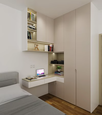 Modern Minimalist Wardrobe Design With Built In Desk Laptop Bookshelf And Decorative Plant 3d model