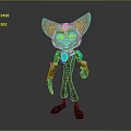 3D Model Feline Creature Character With Orange Ears Blue Accents And Green Eyes