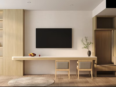 Cozy Apartment Living Room With Light Wood Furniture And TV 3d model