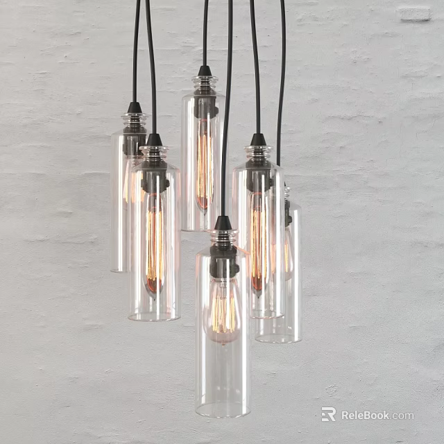 Modern Industrial Glass Pendant Lights With Edison Bulbs Hanging Over Minimalist Wall 3d model 