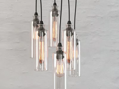 Modern Industrial Glass Pendant Lights With Edison Bulbs Hanging Over Minimalist Wall 3d model