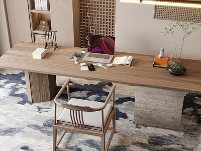 Cozy Study Room Interior With Wooden Desk Laptop Books And Wooden Chair 3d model