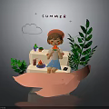 Little Girl Enjoying Summer Time Eating Watermelon With Green Plants Clouds And Heart Decorations