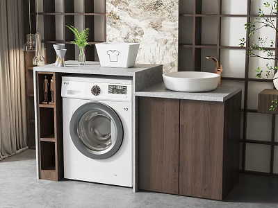 Modern Bathroom Cabinet with Washing Machine Sink Basin Wooden Countertop Lattice Background and Decorative Plant 3d model