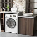 Modern Bathroom Cabinet with Washing Machine Sink Basin Wooden Countertop Lattice Background and Decorative Plant