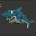 Cartoon Cute Blue and White Shark with Big Eyes Open Mouth Sharp Teeth