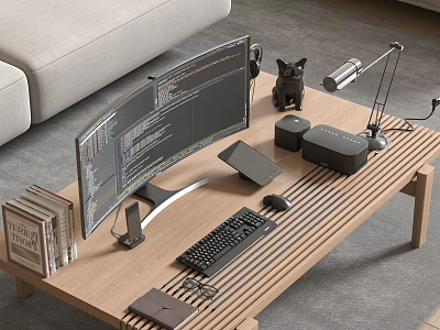 Modern Desktop Computer Setup With Curved Monitor Keyboard Mouse Books Lamp And Wooden Desk 3d model