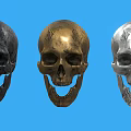 Three Black Gold And Silver Metallic Skulls Displayed On Blue Background 3d model