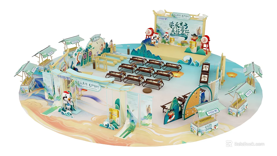 Traditional Cultural Exhibition Scene With Ancient Style Architecture Tables Chairs And Figure Models 3d model 