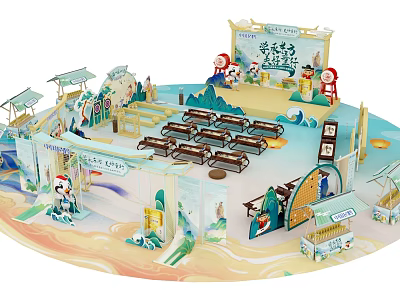 Traditional Cultural Exhibition Scene With Ancient Style Architecture Tables Chairs And Figure Models 3d model