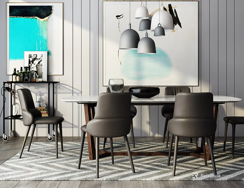 Modern Dining Table Set With Comfortable Chairs Pendant Lights And Wall Art 3d model