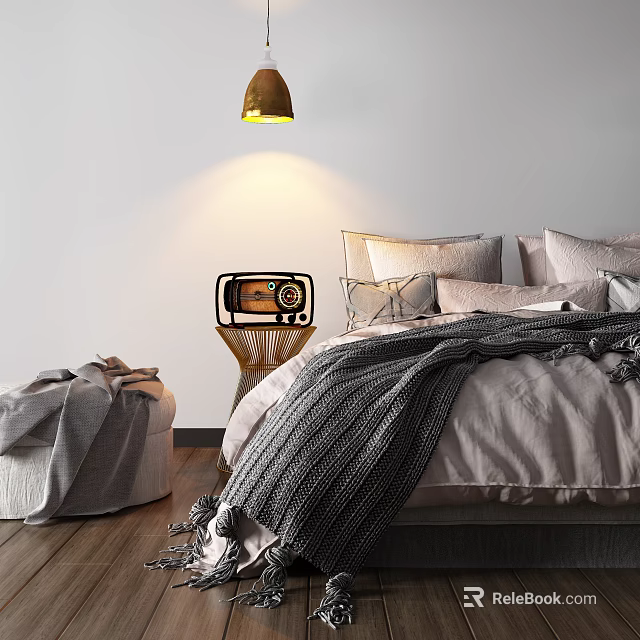 Cozy Double Bed With Grey Blanket Pillows Golden Pendant Light Chair And Wooden Floor 3d model 