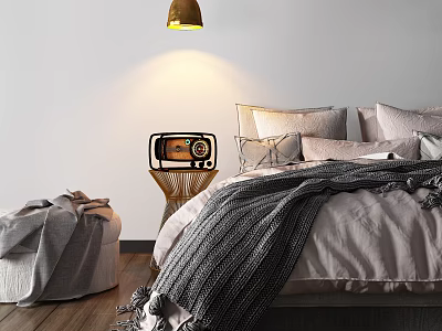 Cozy Double Bed With Grey Blanket Pillows Golden Pendant Light Chair And Wooden Floor 3d model