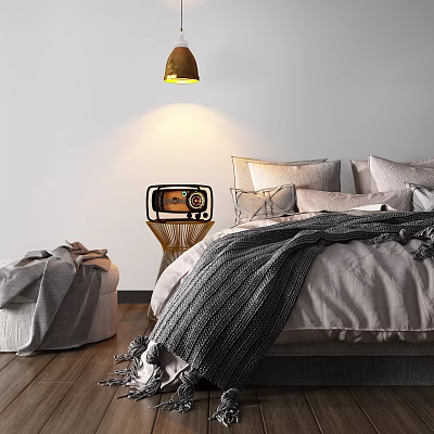 Cozy Double Bed With Grey Blanket Pillows Golden Pendant Light Chair And Wooden Floor 3d model