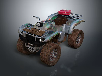 Rugged Off Road Terrain Suitable For Camouflage ATV With Large Tires And Red Storage Box 3d model