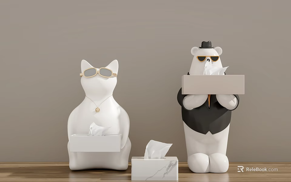 Decorative Cat And Bear Shaped Tissue Box Holders With Sunglasses Hat Necklace And Marble Pattern 3d model 