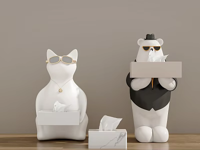 Decorative Cat And Bear Shaped Tissue Box Holders With Sunglasses Hat Necklace And Marble Pattern 3d model