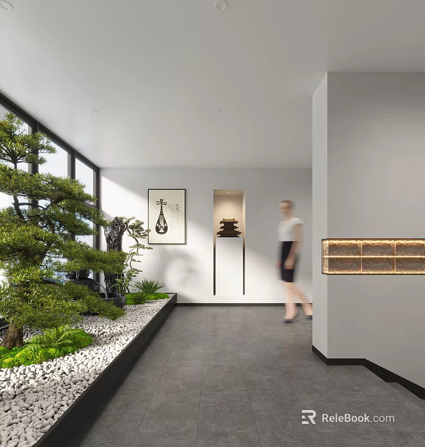 Tranquil Indoor Landscape Featuring Bonsai Tree Gray Flooring Decorative Painting And Floor to Ceiling Windows 3d model 