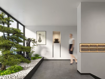 Tranquil Indoor Landscape Featuring Bonsai Tree Gray Flooring Decorative Painting And Floor to Ceiling Windows 3d model