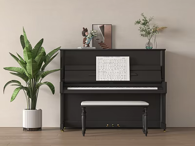 Elegant Black Piano and Decorative Art Supplies in Interior with Music Sheet Bench and Green Plant 3d model