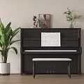 Elegant Black Piano and Decorative Art Supplies in Interior with Music Sheet Bench and Green Plant