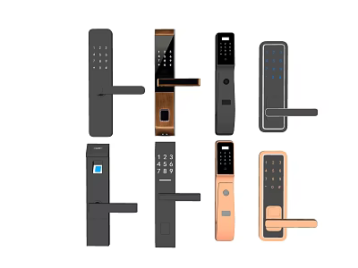 Smart Door Handles In Various Styles With Black And Gold Colors For Modern Homes 3d model