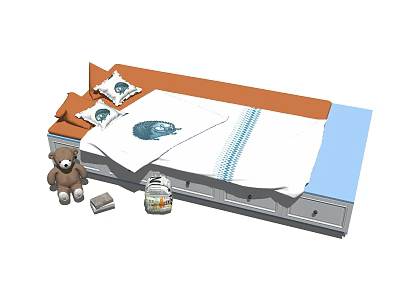 Children's Bed Setup With Orange Headboard White Quilt Blue Pattern Pillows Teddy Bear And Drawers 3d model