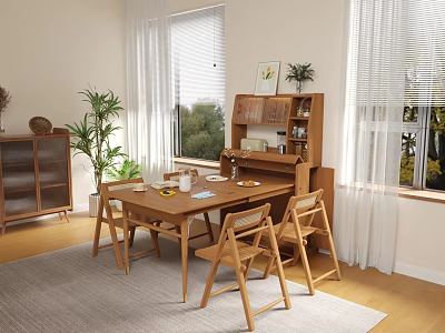 Cozy Restaurant Interior With Wooden Dining Table Chairs White Curtains Plants And Bookshelf 3d model
