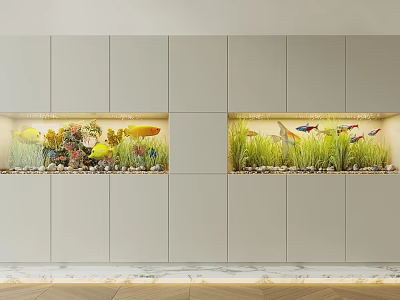 Modern Built in Aquarium Fish Tank with Colorful Fish Aquatic Plants and Stones in Cabinet 3d model