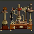 Ornate Vintage Steampunk Mechanical Devices With Wooden Base And Brass Components