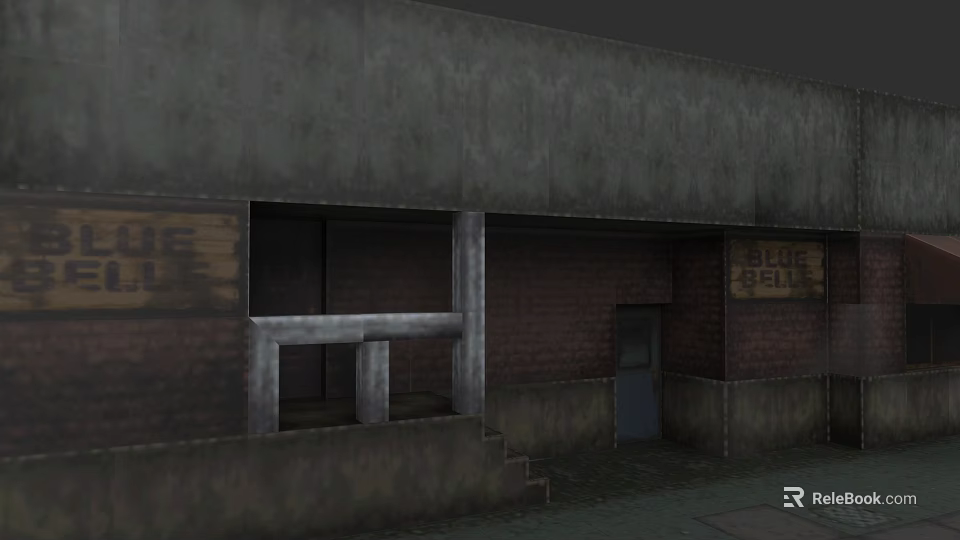 Gray Wall Red Brick Detached Villa With Blue Hill Wooden Sign Metal Railings And Steps 3d model 