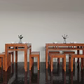 Natural Wooden Dining Table Set With Matching Chairs Vase Green Plant And Bowls