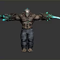 Muscular Fantasy Monster Character With Glowing Blue Blades And Denim Jeans
